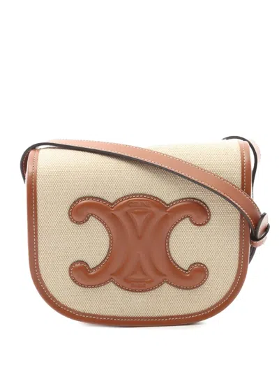 Pre-owned Celine 2022 Medium Canvas Cuir Triomphe Folco Crossbody Bag In Brown