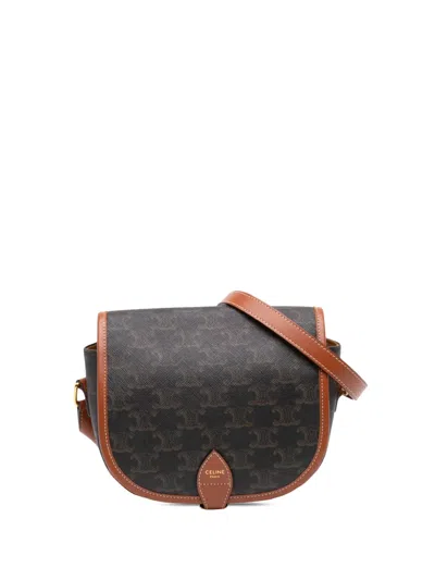 Pre-owned Celine 2022 Medium Triomphe Coated Canvas Folco Crossbody Bag In Brown