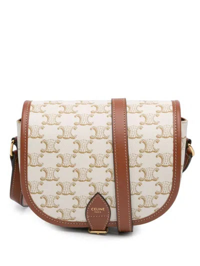 Pre-owned Celine 2022 Medium Triomphe Coated Canvas Folco Crossbody Bag In White