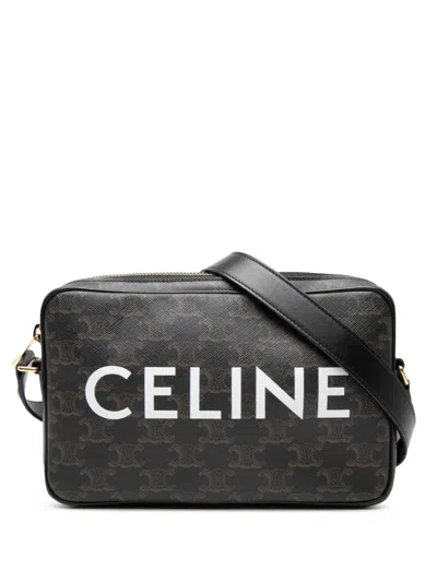 Pre-owned Celine 2022 Medium Triomphe Coated Canvas Logo Crossbody Bag In Black