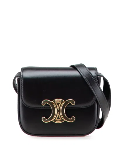 Pre-owned Celine 2022 Mini Shiny Calfskin Triomphe Crossbody Bag In Black