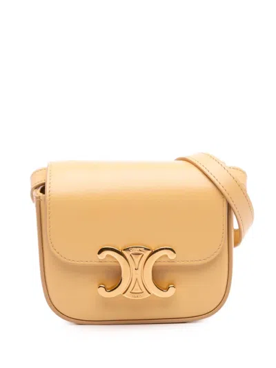 Pre-owned Celine 2022 Mini Shiny Calfskin Triomphe Crossbody Bag In Yellow