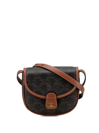 Pre-owned Celine 2022 Mini Triomphe Coated Canvas Besace Crossbody Bag In Brown