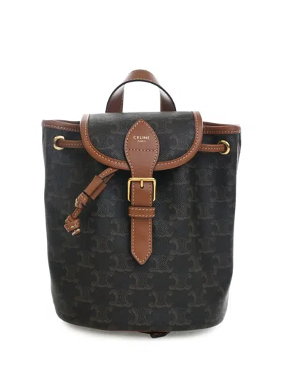 Pre-owned Celine 2022 Mini Triomphe Coated Canvas Folco Backpack In Brown