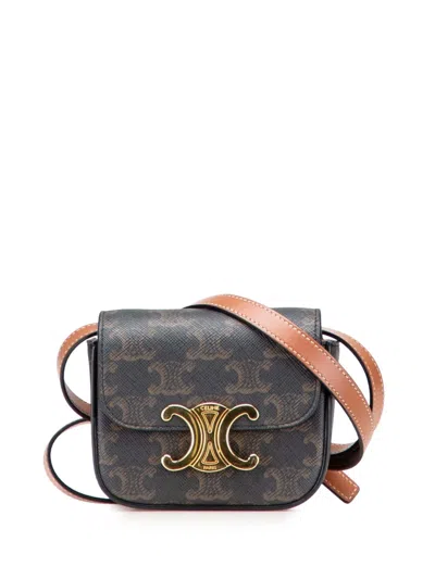 Pre-owned Celine 2022 Mini Triomphe Coated Canvas Triomphe Crossbody Bag In Brown