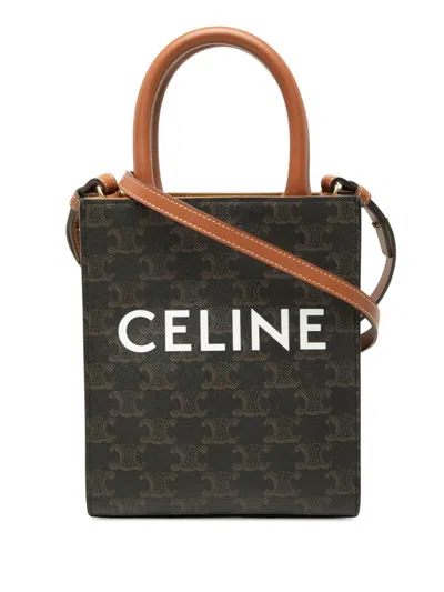 Pre-owned Celine 2022 Mini Triomphe Coated Canvas Vertical Cabas Satchel In Brown