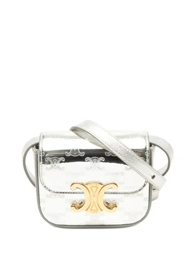 Pre-owned Celine 2022 Mini Triomphe Metallic Calfskin Claude Crossbody Bag In Silver