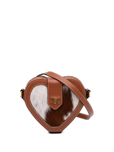 Pre-owned Celine 2022 Pony Hair Triomphe Heart Tambour Crossbody Bag In Brown