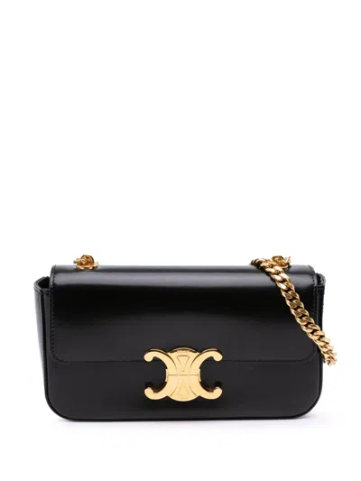 Pre-owned Celine 2022 Shiny Calfskin Claude Chain Shoulder Bag In Black