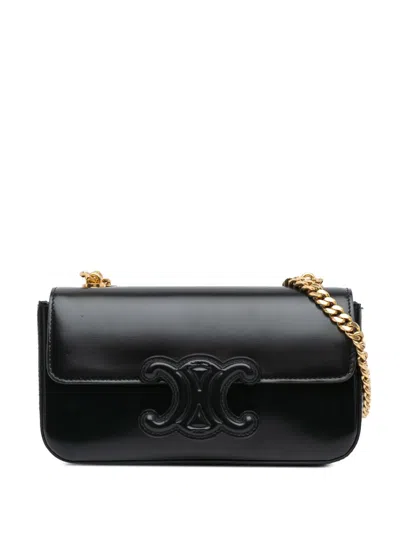 Pre-owned Celine 2022 Shiny Calfskin Triomphe Claude Chain Shoulder Bag In Black