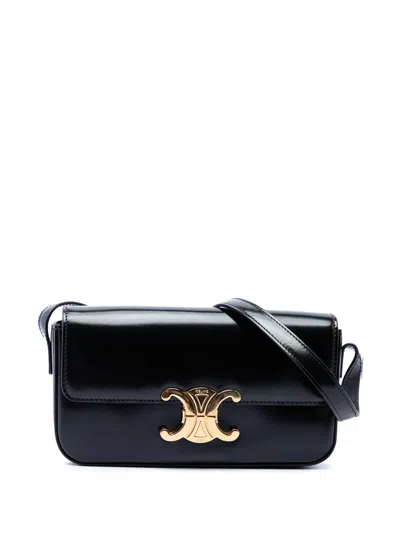 Pre-owned Celine 2022 Shiny Calfskin Triomphe Claude Shoulder Bag In Black