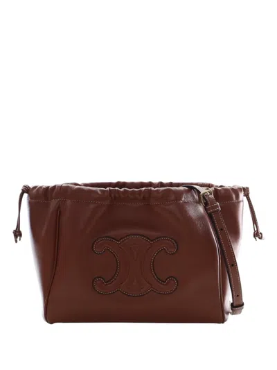 Pre-owned Celine 2022 Small Calfskin Cuir Triomphe Cabas Drawstring Satchel In Brown