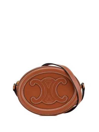 Pre-owned Celine 2022 Small Calfskin Cuir Triomphe Oval Crossbody Bag In Brown