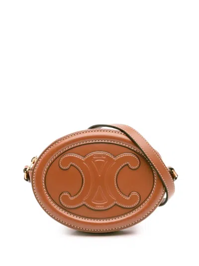Pre-owned Celine 2022 Small Calfskin Cuir Triomphe Oval Crossbody Bag In Brown