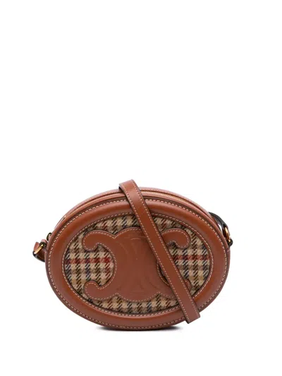 Pre-owned Celine 2022 Small Canvas And Calfskin Cuir Triomphe Houndstooth Oval Crossbody Bag In Brown