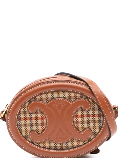 Pre-owned Celine 2022 Small Houndstooth Canvas And Calfskin Cuir Triomphe Oval Crossbody Bag In Brown