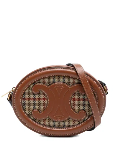 Pre-owned Celine 2022 Small Houndstooth Canvas And Calfskin Cuir Triomphe Oval Crossbody Bag In Brown