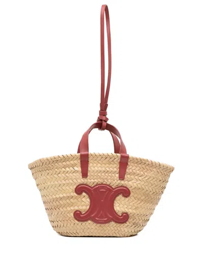 Pre-owned Celine 2022 Small Raffia Cuir Triomphe Classic Panier Tote Satchel In Brown