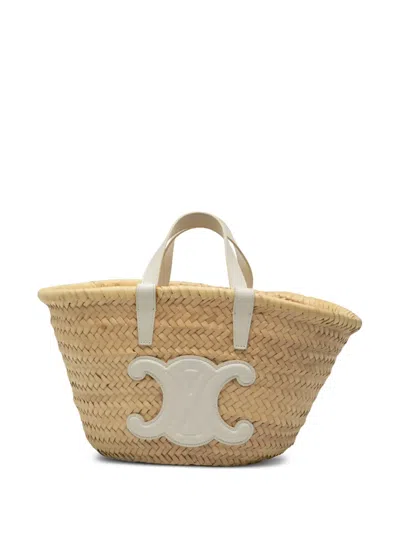 Pre-owned Celine 2022 Small Raffia Cuir Triomphe Classic Panier Tote Satchel In Brown