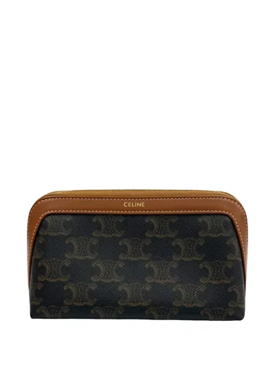 Pre-owned Celine 2022 Small Triomphe Coated Canvas And Calfskin Cosmetic Pouch In Brown