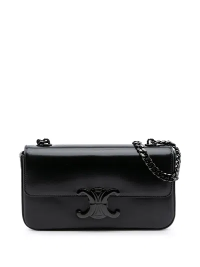 Pre-owned Celine 2022 Smooth Calfskin Cuir Triomphe Chain Shoulder Bag In Black