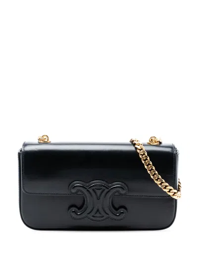 Pre-owned Celine 2022 Smooth Calfskin Cuir Triomphe Chain Shoulder Bag In Black