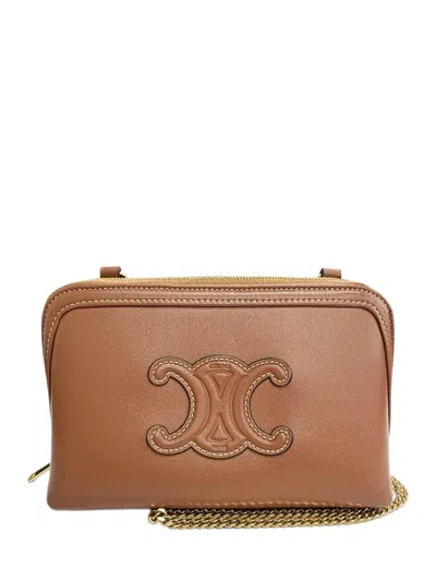Pre-owned Celine 2022 Smooth Calfskin Cuir Triomphe Clutch On Chain Crossbody Bag In Brown