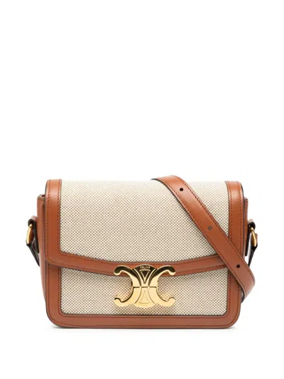 Pre-owned Celine 2022 Teen Canvas And Calfskin Triomphe Crossbody Bag In Brown