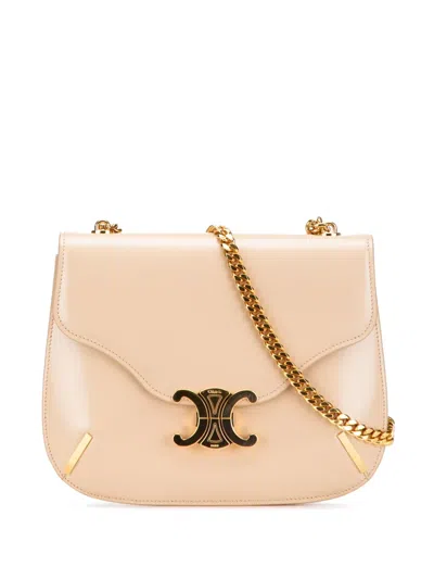 Pre-owned Celine 2022 Teen Shiny Calfskin Triomphe Besace Clea Chain Crossbody Bag In Brown