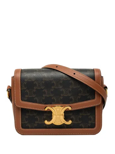 Pre-owned Celine 2022 Teen Triomphe Coated Canvas And Calfskin Triomphe Crossbody Bag In Brown