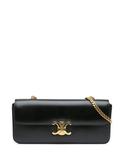 Pre-owned Celine 2022 Triomphe Calfskin Cuir Chain Shoulder Bag In Black