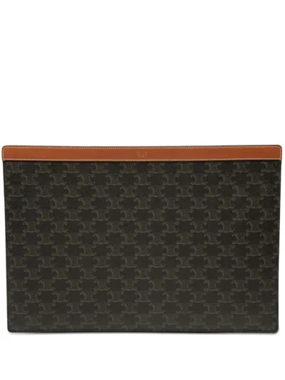 Pre-owned Celine 2022 Triomphe Coated Canvas Clutch Bag In Brown