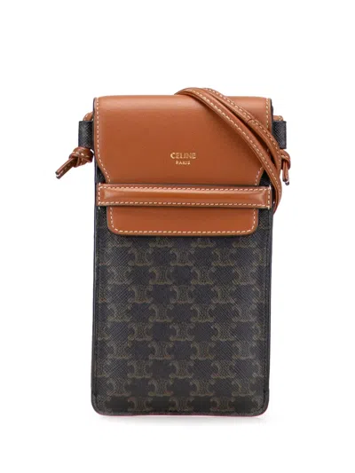 Pre-owned Celine 2022 Triomphe Coated Canvas Phone Pouch Flap Crossbody Bag In Brown