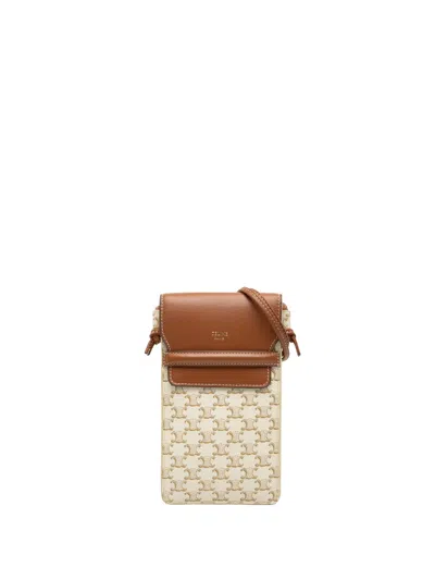 Pre-owned Celine 2022 Triomphe Coated Canvas Phone Pouch Flap Crossbody Bag In White