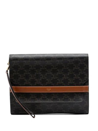 Pre-owned Celine 2022 Triomphe Coated Canvas Wristlet Flap Pouch Clutch Bag In Brown