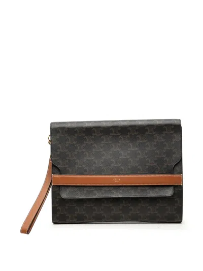 Pre-owned Celine 2022 Triomphe Coated Canvas Wristlet Flap Pouch Clutch Bag In Brown