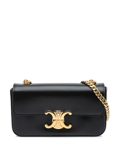 Pre-owned Celine 2022 Triomphe Leather Claude Chain Shoulder Bag In Black