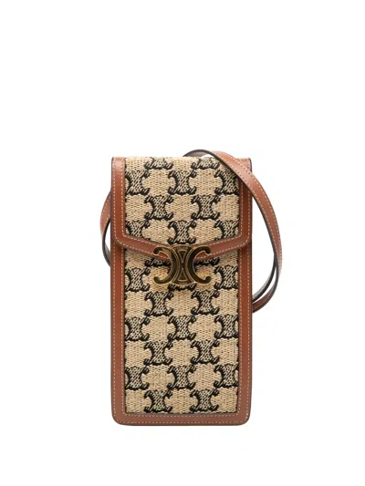 Pre-owned Celine 2022 Triomphe Textile Triomphe Phone Pouch Flap Crossbody Bag In Neutral