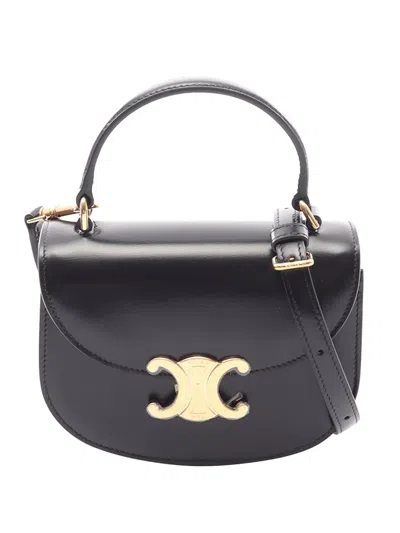 Pre-owned Celine 2022-2024 Mini Shiny Calfskin Besace Clea Satchel In Black