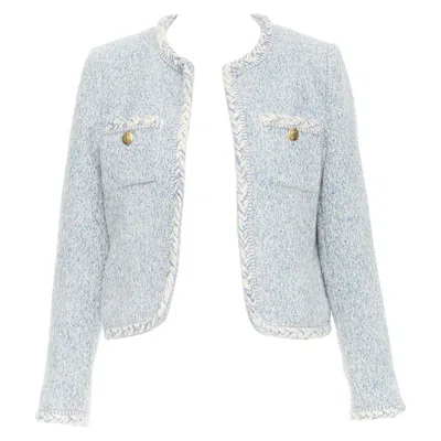Pre-owned Celine 2023 Baby Blue White Wool Cotton Boucle Tweed Trim Jacket Fr36 S