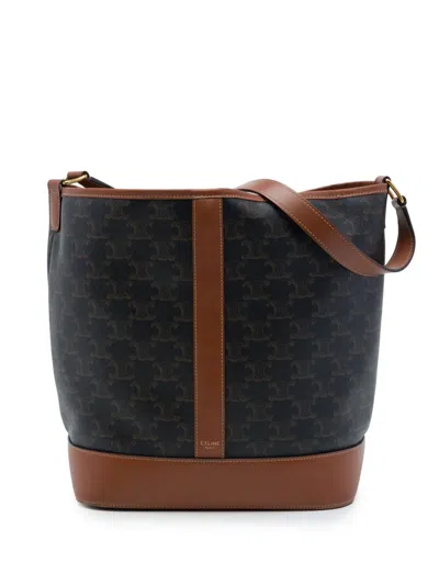 Pre-owned Celine 2023 Medium Triomphe Coated Canvas Bucket Bag In Brown