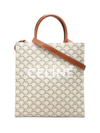 Pre-owned Celine 2023 Medium Triomphe Coated Canvas Vertical Cabas Tote Satchel In White