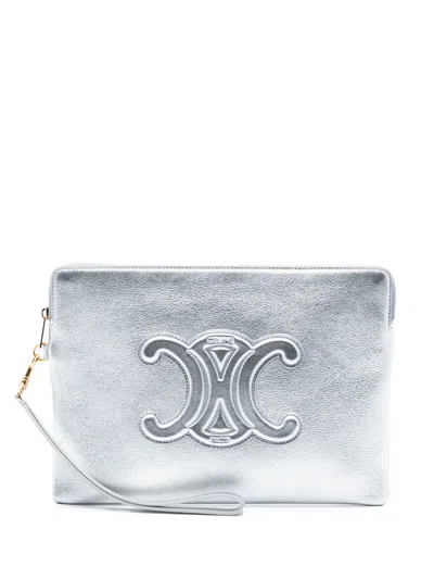 Pre-owned Celine 2023 Metallic Calfskin Cuir Triomphe Zip Pouch Clutch Bag In Silver