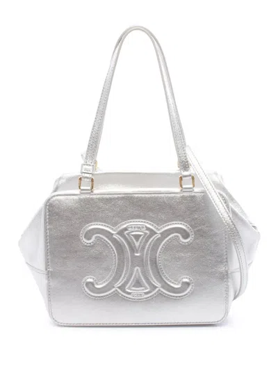 Pre-owned Celine 2023 Metallic Leather Triomphe Folded Cube Shoulder Bag In Silver