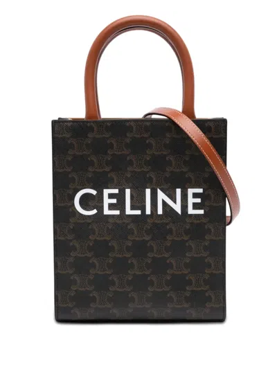 Pre-owned Celine 2023 Mini Triomphe Coated Canvas Vertical Cabas Satchel In Brown