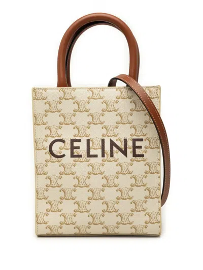 Pre-owned Celine 2023 Mini Triomphe Coated Canvas Vertical Cabas Satchel In White