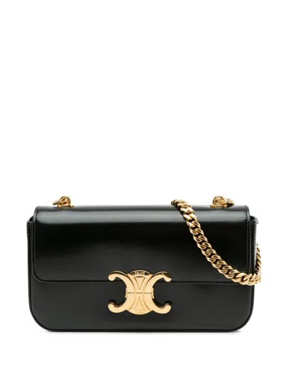 Pre-owned Celine 2023 Shiny Calfskin Triomphe Claude Chain Shoulder Bag In Black