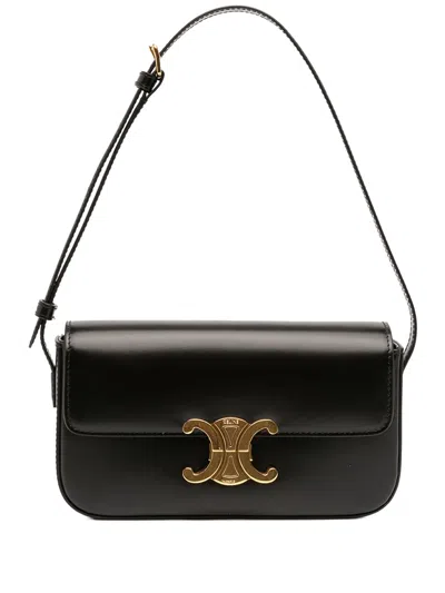 Pre-owned Celine 2023 Shiny Calfskin Triomphe Claude Shoulder Bag In Black