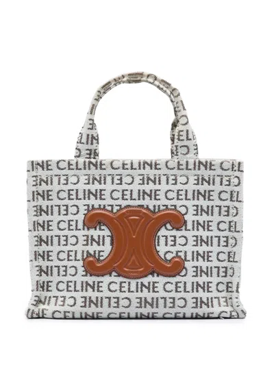 Pre-owned Celine 2023 Small All Over Logo Print Canvas Cuir Triomphe Cabas Thais Satchel In 白色