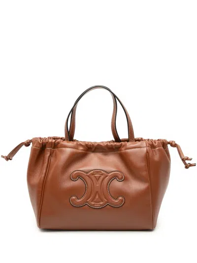 Pre-owned Celine 2023 Small Calfskin Cuir Triomphe Cabas Drawstring Satchel In Brown